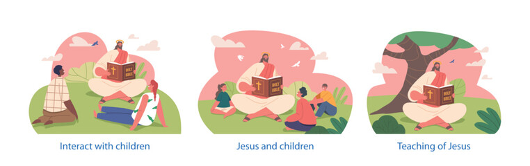 Isolated Elements with Jesus Character Sharing The Teachings Of The Holy Bible With Children On A Sunny Summer Field