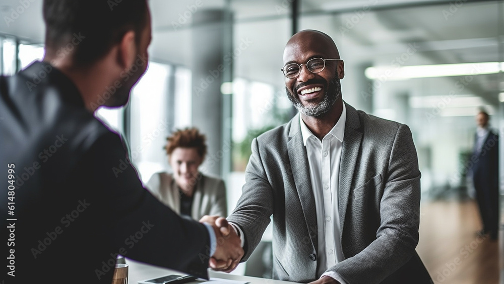 Wall mural business, career and placement concept successful young man smiling and handshaking with european bu