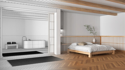 Architect interior designer concept: hand-drawn draft unfinished project that becomes real, minimal japandi bedroom and bathroom. Modern style