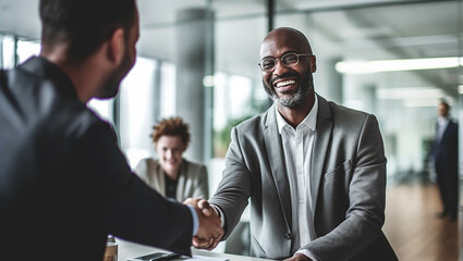 Business, career and placement concept successful young man smiling and handshaking with european businessman after successful negotiations or interview in office