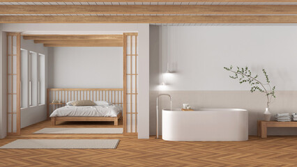 Japandi bathroom and bedroom in wooden and white tones. Freestanding bathtub, master bed with duvet and herringbone parquet floor. Minimal interior design