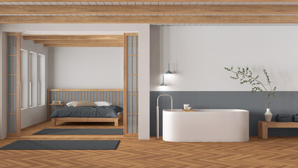 Fototapeta na wymiar Japandi bathroom and bedroom in wooden and gray tones. Freestanding bathtub, master bed with duvet and herringbone parquet floor. Minimal interior design
