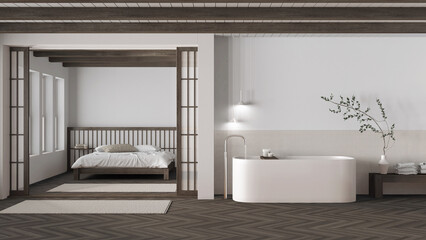 Japandi bathroom and bedroom in dark wooden and white tones. Freestanding bathtub, master bed with duvet and herringbone parquet floor. Minimal interior design
