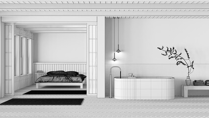 Blueprint unfinished project draft, japandi bathroom and bedroom. Freestanding bathtub, master bed...