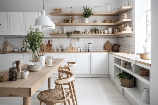 Scandinavian kitchen with a contemporary style and accessories. Utensils and equipment are stored on shelves in the white kitchen, which also has a dining table with chairs. Generative AI