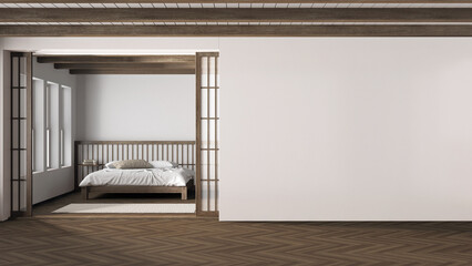 Japandi bedroom in dark wooden and white tones. Master bed with duvet and pillows, paper sliding door and herringbone parquet. Mockup with copy space. Japandi interior design