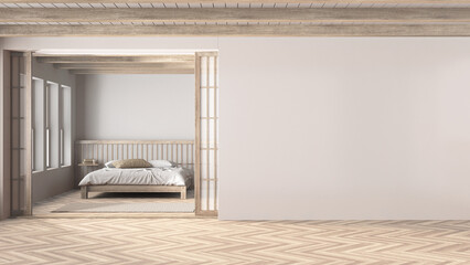 Japandi bedroom in bleached wooden and white tones. Master bed with duvet and pillows, paper sliding door and herringbone parquet. Mockup with copy space. Japandi interior design