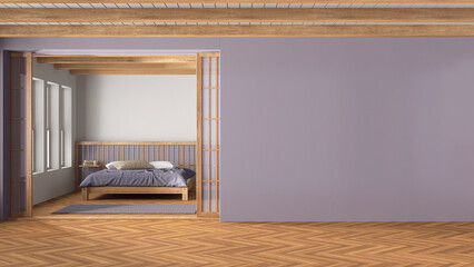 Japandi bedroom in wooden and purple tones. Master bed with duvet and pillows, paper sliding door and herringbone parquet. Mockup with copy space. Japandi interior design