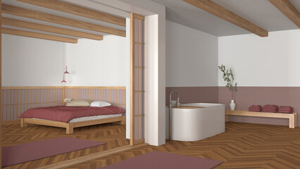 Japandi bathroom and bedroom in wooden and red tones. Freestanding bathtub, master bed with duvet and herringbone parquet floor. Minimal interior design