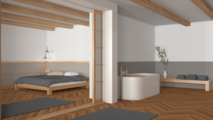 Japandi bathroom and bedroom in wooden and gray tones. Freestanding bathtub, master bed with duvet and herringbone parquet floor. Minimal interior design