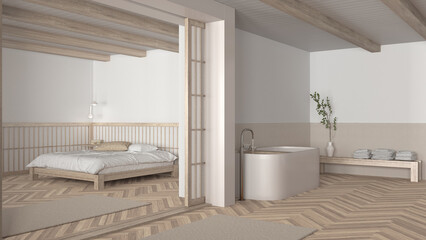 Japandi bathroom and bedroom in bleached wooden and white tones. Freestanding bathtub, master bed with duvet and herringbone parquet floor. Minimal interior design