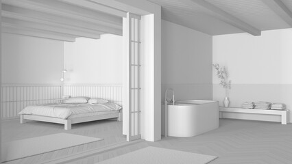 Total white project draft, japandi bathroom and bedroom. Freestanding bathtub, master bed with duvet and herringbone parquet floor. Minimal interior design