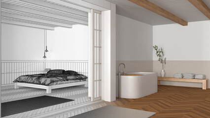 Architect interior designer concept: hand-drawn draft unfinished project that becomes real, japandi bathroom and bedroom. Bathtub, master bed and parquet. Minimal style