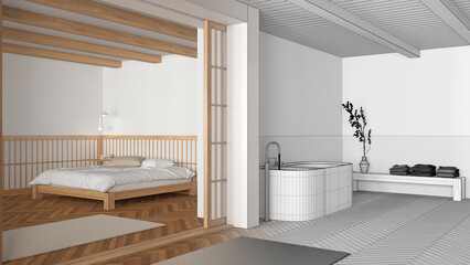 Architect interior designer concept: hand-drawn draft unfinished project that becomes real, japandi bathroom and bedroom. Bathtub, master bed and parquet. Minimal style