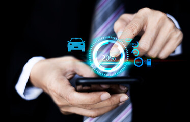 EV charging electric car with mobile app display charger status.