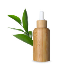 Bottle of cosmetic oil with plant twig on white background