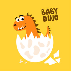 Cute dino hatching from the egg children doodle print, vector illustration. Good for T-shirt print, poster, card.