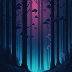 Blue forest landscape minimal art. Moonlight, Generative AI