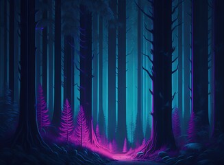 Blue forest landscape minimal art. Moonlight, Generative AI