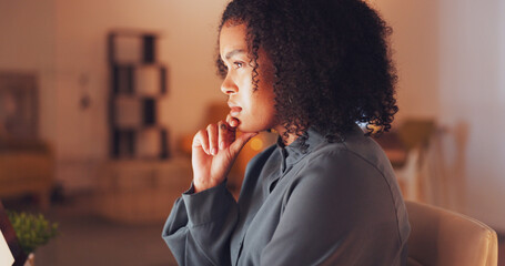 Night, computer and woman thinking, contemplating or ideas for internet review, data analytics or...