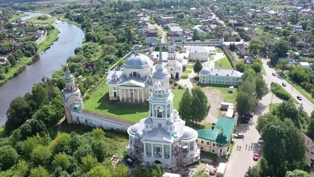 Picturesque city landscape of Torzhok city with Borisoglebsky male monastery, Russia 