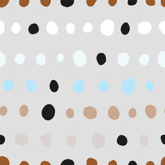 Seamless neutral polka dots pattern. Brown, blue hand-drawn circles on grey background. Abstract points ornament. Vector boho dotted illustration for wallpaper, fabric, print, wrapping paper, textile