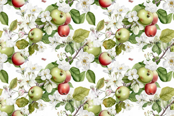 repeat pattern tilable background of apples, seamless apple fruit background with apple blossom and leaf foliage