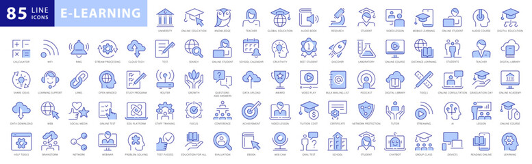 E-learning, Online Schooling and Education Icons Set. 85 E-Learning symbols. Distance learning collection Blue Outline Icons Collection