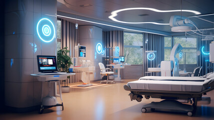 Futuristic healthcare room at modern hospital. AI generated