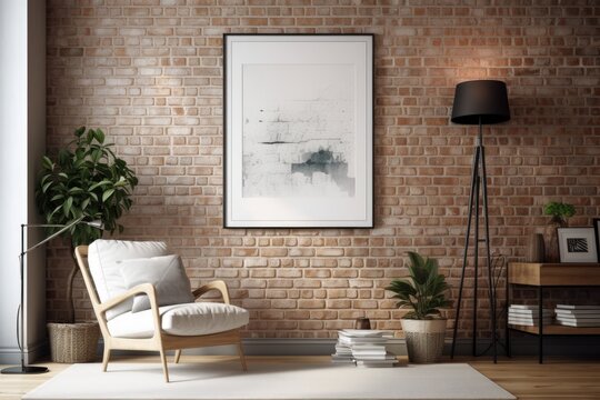 Vertical mock up of a blank poster on a red brick wall in a living room. Generative AI