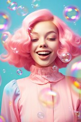 Obraz na płótnie Canvas A joyful woman with pink hair poses in front of delightful floating bubbles: capturing playful smiling glow and individuality of innovative, colorful style