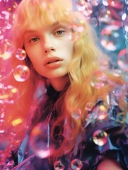 Dreamy fairytale: enchanting woman with blonde hair, doll-like portrait, captivating pink and blue bubbles