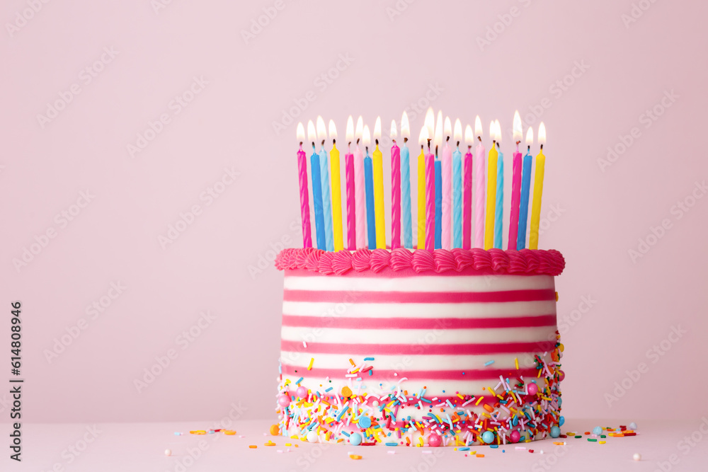 Canvas Prints pink and white striped birthday cake with lots of candles