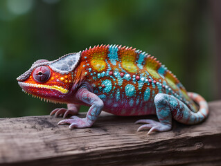 Colorful chameleon resting on woody branch. AI generated
