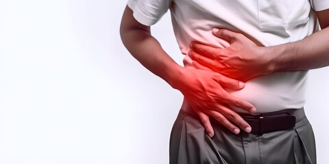 Asian man suffering from right upper abdominal pain. AI generated