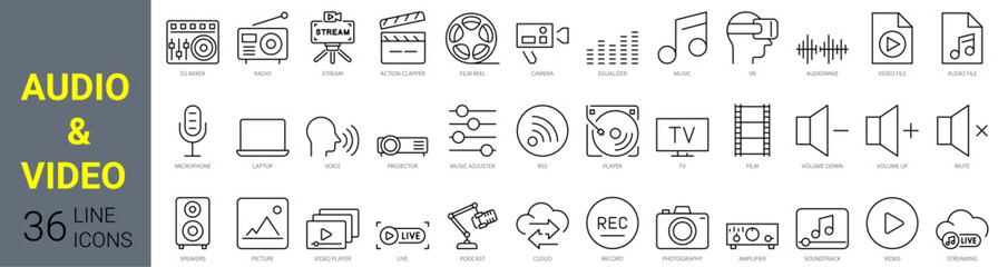 set of 36 line web icons audio and video. Multimedia video player. Media Collection of Outline Icons. Vector illustration.