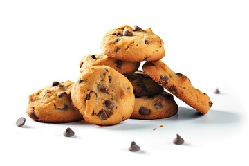 Fototapeta premium Close up of fresh biscuits. Delicious homemade cookies stack. Sweet snack chips on white background isolated