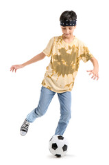 Little boy playing with soccer ball on white background