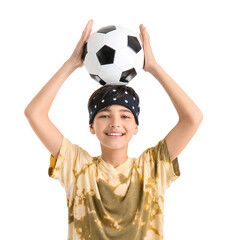 Little boy with soccer ball on white background