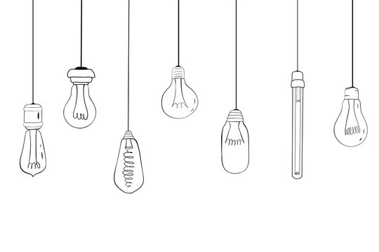 Hand drawn light bulb sketch. Electric light, energy concept. Concept of business idea, electric lamp, energy. Lightbulb with line curve.
