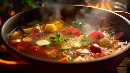 Minestrone with steam rising from the surface, revealing the colorful ingredients