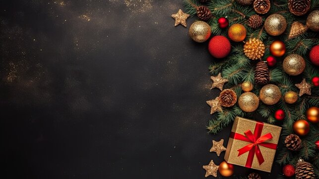  Christmas dark black background with beautiful texture and Golden gift box with red ribbon, fir branches, cones, Christmas tree toys stars, Christmas tree cookies,