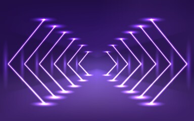 Neon lights rectangular frame horizontal sign. Background tunnel corridor portal. Geometric glow outline shape laser glowing lines.