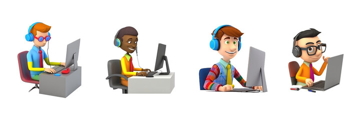 Obraz premium 3d cartoon characters man with headphones and computer. The concept of customer service, call center. Isolated on white and transparent background, ai generation, png
