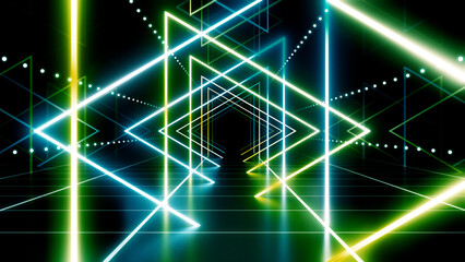 Neon Line Tunnel glowing Fluorescent light corridor stage 3D illustration background