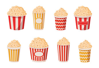 Popcorn cups. Cartoon popcorn paper buckets, popping corn salty or sweet flavour, tv or movie watching snack. Striped popcorn bucket flat vector illustration set - obrazy, fototapety, plakaty