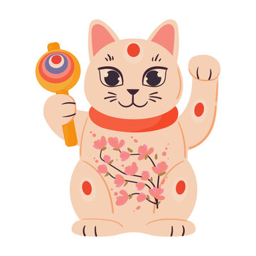 Asian lucky cat. Cute Japanese fortune maneki neko cat, traditional richness and fortune cat toy flat vector illustration