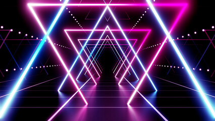 Neon Line Tunnel glowing Fluorescent light corridor stage 3D illustration background