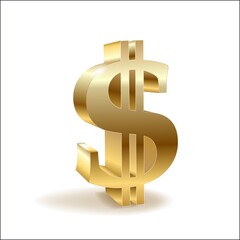Golden dollar sign isolated on white background.