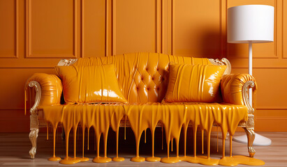 Modern sofa with own style made of juicy caramel. Furniture inspiration. Unique orange sofa inspired by melted caramel. Realistic 3D illustration. Generative AI